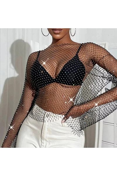 SKAY Μπλούζα Crystal Stone Mesh Crop