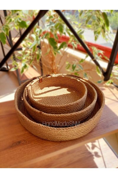 HandmadeSNM طقم سلة ومنظم مزخرف من الخوص مكون من 3 قطع