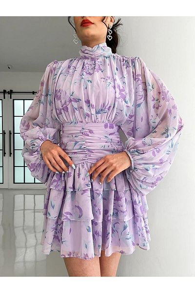 popibutik Lilac Mini Chiffon Dress with Stand Collar and Draped Back Detail and Flower Pattern