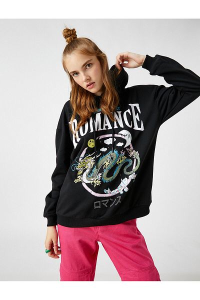 Koton Bedrucktes Sweatshirt mit Kapuze und Fleece-Innenseite