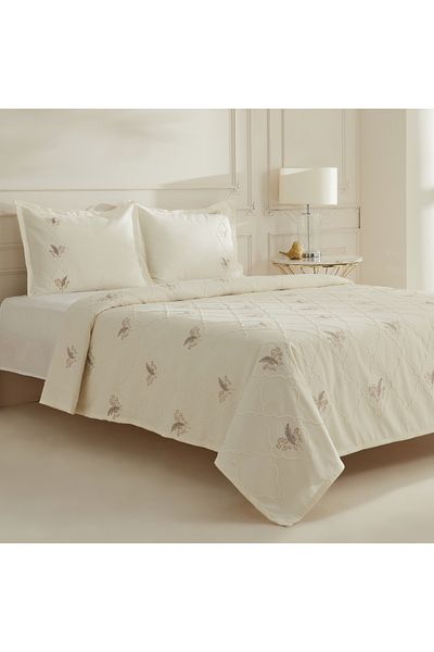 Karaca Home Myra Beige Double Leaf Embroidered Bedspread