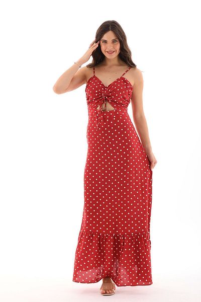 QUZLAK Red Women's Dress - Adjustable Rope Strap, Polka Dot and Low-cut Detail