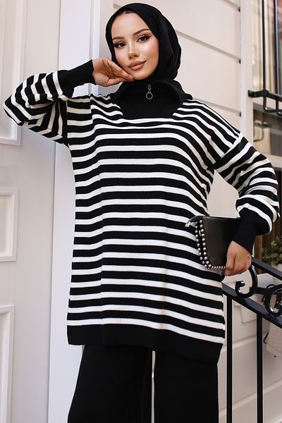 benguen 11029-03 Black Striped Zippered Knitwear Set