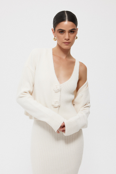 Seda Yalçın Atelier Krem Gül Detaylı Hırka Elbise İkili Takım