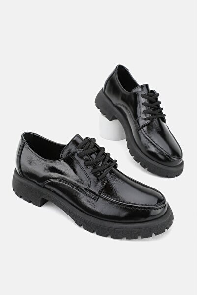 TUNAELLİ حذاء أكسفورد جلد أسود لامع - جلد طبيعي، برباط، مقاس 36-41