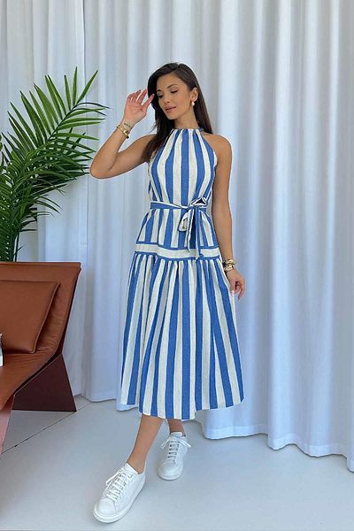 Mine Tan Butik Rochie de damă lungă în dungi albastre - Dikine