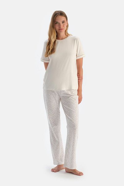 Dagi Single Jersey Ecru-Pink Floral Patterned Double Knitted Trousers