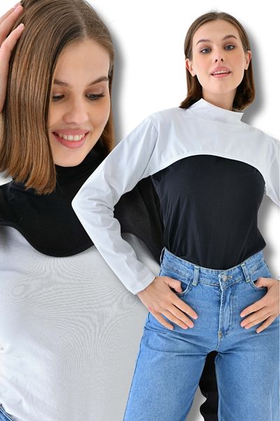 mirach Pack of 2 Black and White Crop Blouse with Stand Collar and Neck Collar - Stylish and Comfortable Design