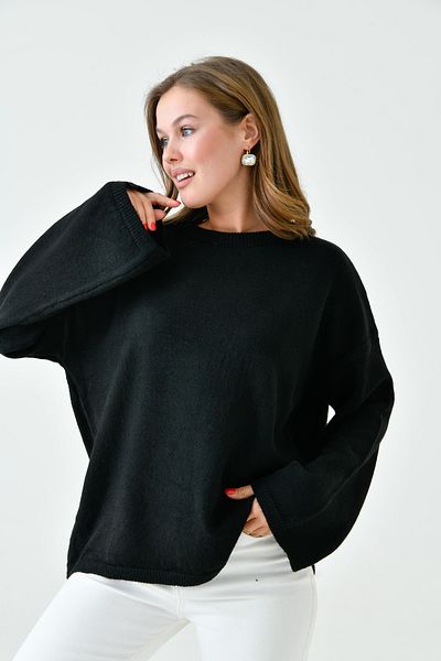 bayansepeti Μαύρο Πλεκτό Πουλόβερ - Ισπανικό Sle, Crew Neck, Μακρύ μανίκι, Off Shoulder 4091