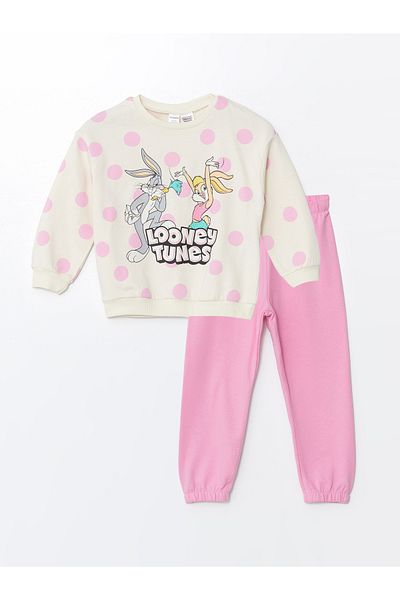 LC Waikiki Bugs Bunny Printed Baby Girl Sweatshirt and Sweatpants - Crew Neck, Long Sleeve, Set of 2