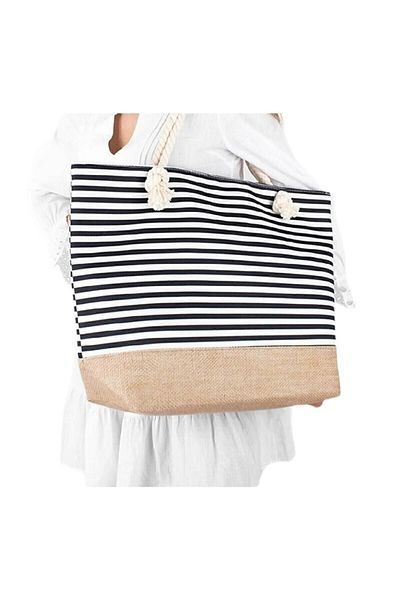 Trendcim Geanta de plaja de marime multifunctionala Geanta de mare Model Paie Iuta Marine Blue Dungi
