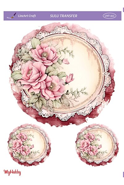 LİNEART LNT-311 Pembe Çiçekler, Yuvarlak Desen 25 * 35 cm Sulu Transfer