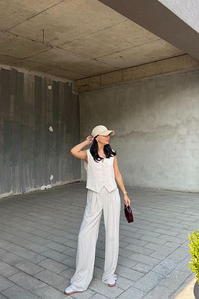 Seda Yalçın Atelier Palazzo Trousers and Vest Set - Stone Pocket Detail