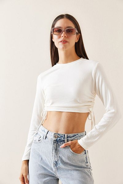XHAN White Crew Neck Gathered Sides Blouse 5Yxk2-48929-01