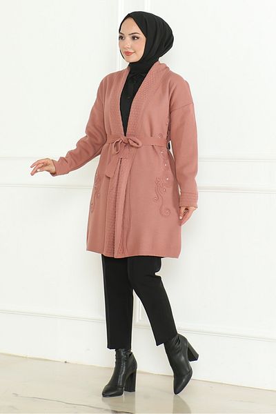 Bestenur Ζακέτα Dusty Rose Knitwear 1192 - Κεντημένη με άβυσσο