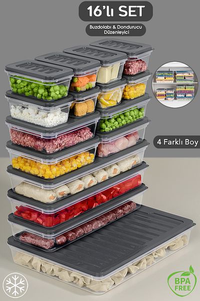 Meleni Home 16 Pieces Anthracite Storage Container - 1X2400Ml 3X1170Ml 4X600Ml 8X240Ml Suitable for Microwave and Diffraction