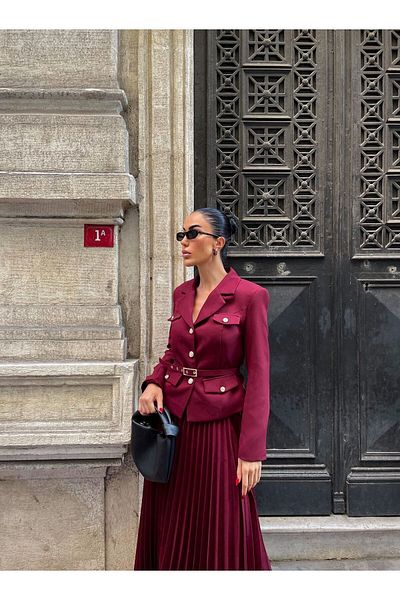 Rabury Butik Elizabeth Gold - Belted Blazer Jacket and Pleated Long Skirt Set