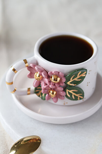 ada mia seramik El Yapımı Çiçek Figürlü 24K Altın Dekorlu Seramik Mug 170ml
