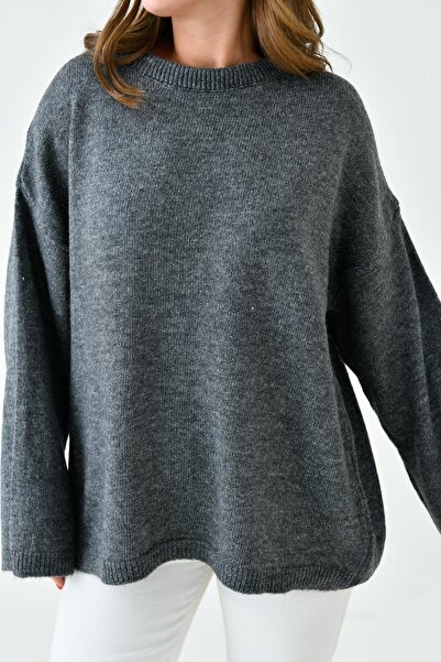 bayansepeti Kadın Düşük Omuz İspanyol Kol Bisiklet Yaka Uzun Kollu Antresit Oversize Triko Kazak 4091