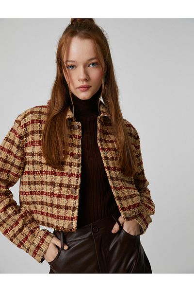 Koton Tweed-Hemdjacke, bauchfrei, langärmelig, kariert