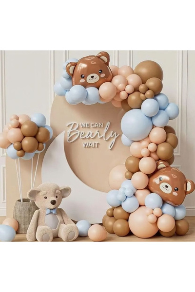 Çemrek Süs Parti Caramel Brown Blue Balloon Chain Set with 101 Bear Head Foil Balloons