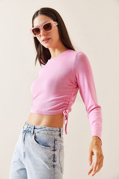 XHAN Pink Crew Neck Gathered Sides Blouse 5Yxk2-48929-20