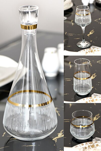 P H Panayır Home 19 Parça Cam ALTIN  Yaldızlı Meşrubat Su ve Kadeh Takımı Sür...