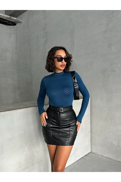 Look Forward Bluză de damă cu mânecă lungă, cu guler în picioare, cu model albastru