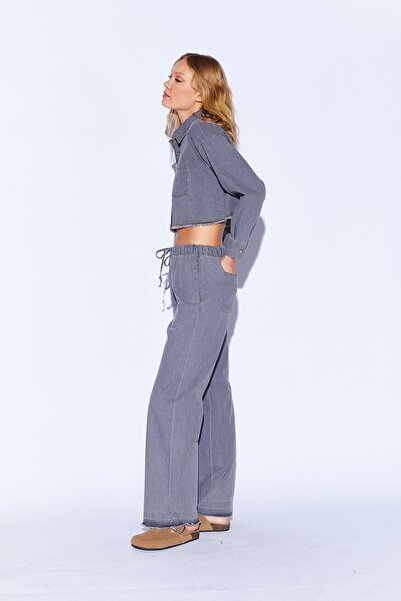 Manche Gri Soft Dokulu Denim Yıpratma Detaylı Kadın Pantolon | MKS669709-01