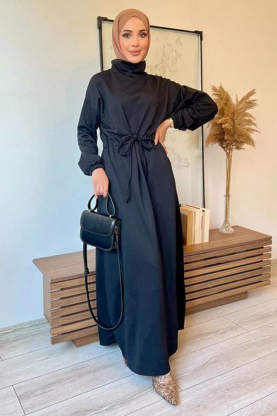 julude Μαύρο Hijab Φόρεμα με Δαντέλα στη Μέση - Ελαστικό Μανίκι
