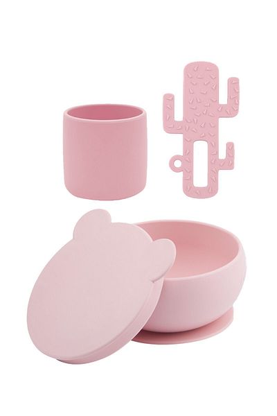 OiOi Mini Cup Pinky Pink & Bowl with Lid & Teether