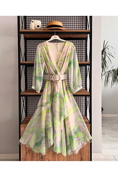 Esito تصميم Ewas - فستان نسائي من التول بياقة مزدوجة الصدر ونمط متوسط الطول