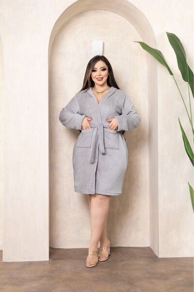 mervemoda Women's Gray Plush Soft Short Dressing Gown