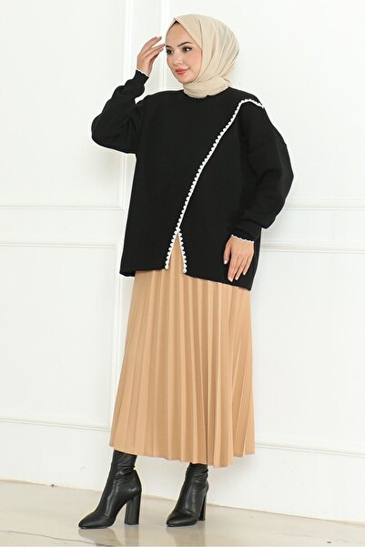 Bestenur Black Asymmetrical Knitwear Sweater 1194 - Sweater