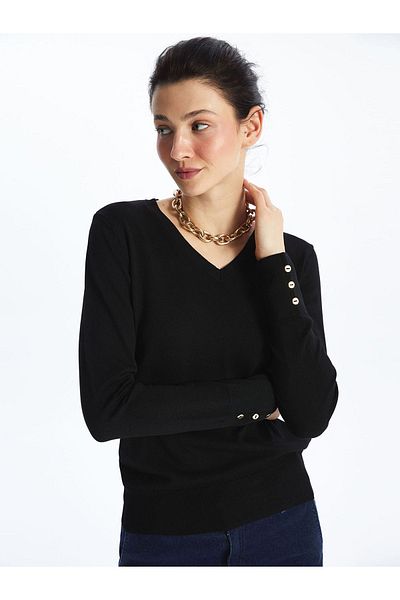 LC Waikiki Women's Knitwear Sweater - V-Neck, Solid, Long Sleeve
