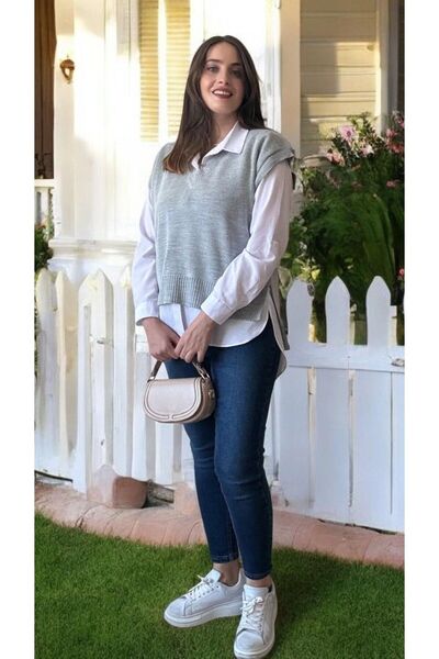 Entropy V Yaka Önü Kısa Arkası Uzun  Süveter - Gri