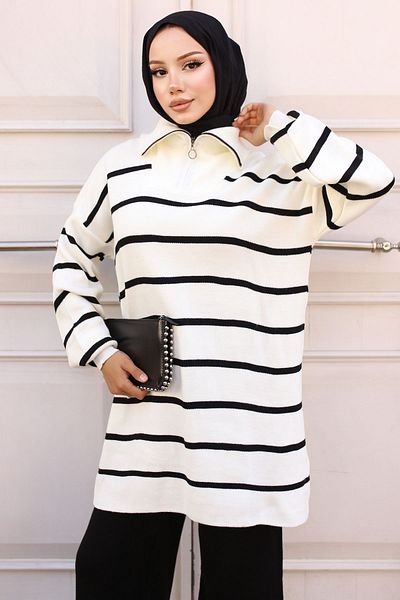 benguen 11034-02 Black Zippered Collar - Striped Knitwear Set