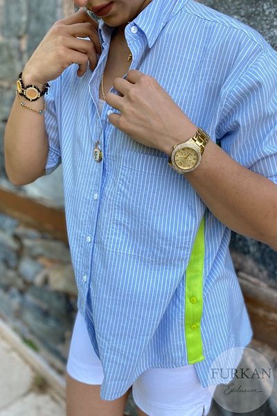 FURKAN EXCLUSIVE Blue Oversize Thin Shirt - Loose Fit with Side Button and Neon Stripe Detail (Buy 2 Sizes Small)