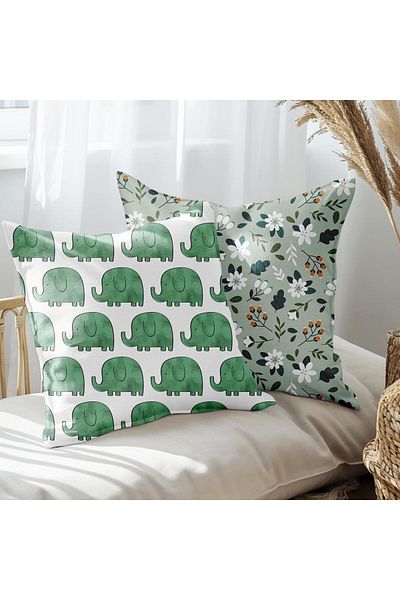 EJOYA 45cm Width Set of 2 Pillows with Auspicious Elephant and Flower Design - 113485