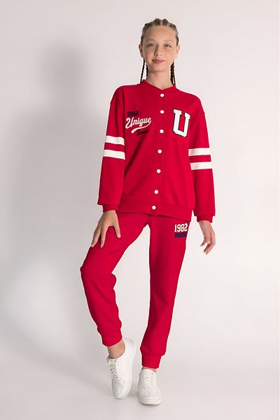DMB BOYS & GIRLS Çaren Kids- Girl's 2-Piece College Set- Ribbed Back Print Detailed College Cardigan & Camisole Waist Tracksuit Bottom