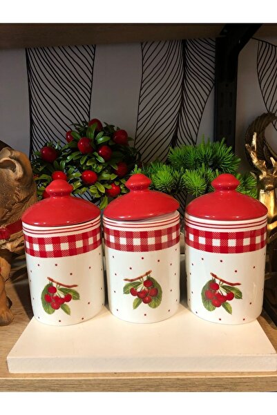 Atak Hediyelik طقم وعاء توابل من البورسلين بنمط الكرز مكون من 3 قطع