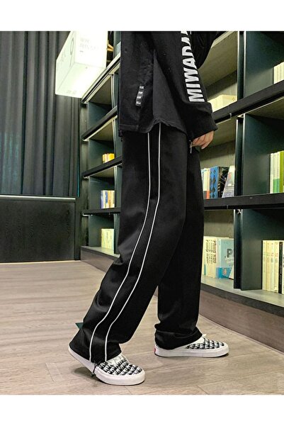 Karatopak Harajuku Zip Detail Black Oversize Şeritli Eşofman Altı