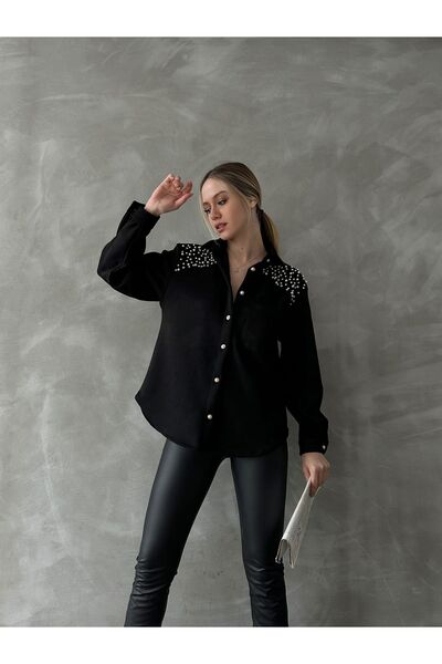 Miss Allos Γυναικείο σουέτ πουκάμισο με μακρυμάνικη τσέπη με λεπτομέρεια από πέτρα και πέρλες