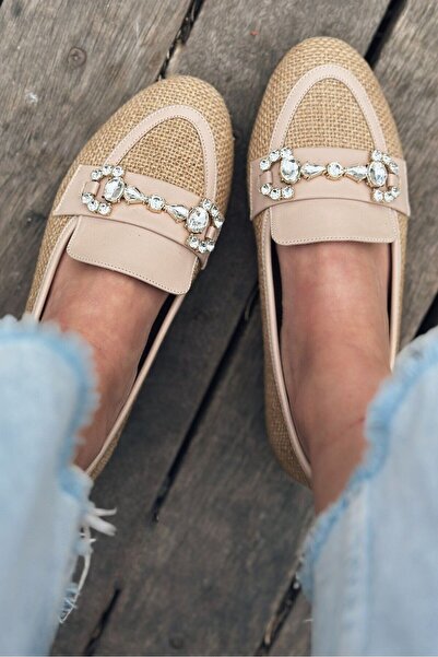 I Love Shoes Pore Hasır Taş Detaylı Kadın Loafer Bej