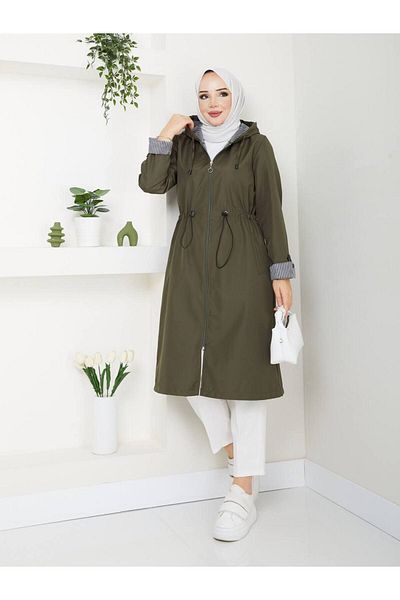 Butik Women's Large Size Ankle Striped Hooded Trench Coat