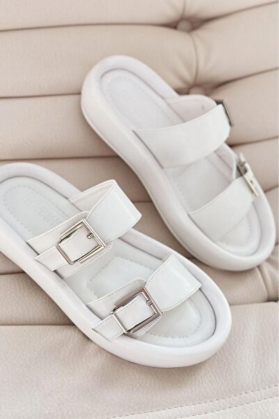 I Love Shoes Papuci de damă din piele mată Tafens albă - Detaliat cu cataramă