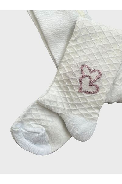 ALİŞ KİDS White Glitter Heart Patterned Cotton Girl's Pantyhose
