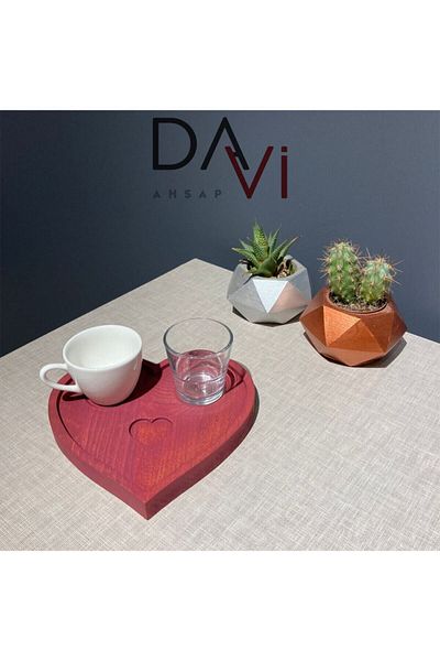 Davi Ahşap Special for Mother's Day - Set with Cup and Water Cup Wooden Coffee Presentation Plate 3 Pieces