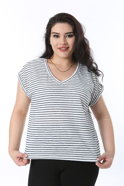 Şans Navy Blue V-neck Low Sleeve Striped Plus Size Blouse - 65n38227