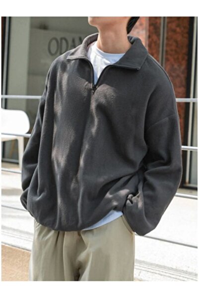 MOONBULL Erkek Sol Göğüs Etiket Detaylı Yarım Fermuarlı Oversize Polar Sweats...